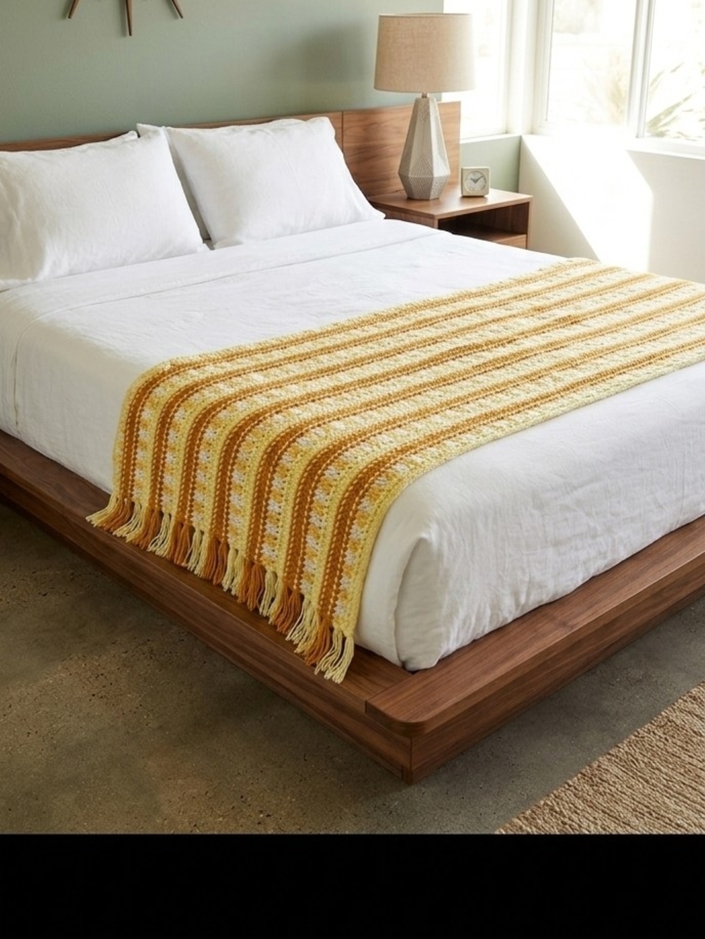 Vintage Handmade Afghan Crochet Sofa or Bed Throw Blanket Retro Yellow 91"x42"